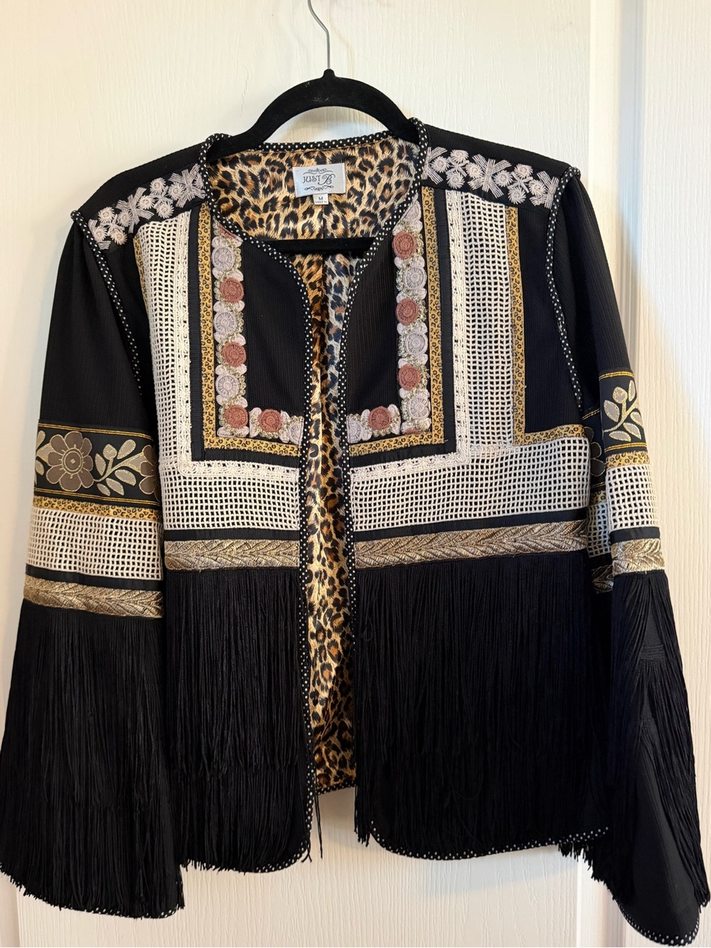 NWOT Just B Embroidered Floral/Leopard/Fringe Boho Bolero Open Front Jacket Sz M